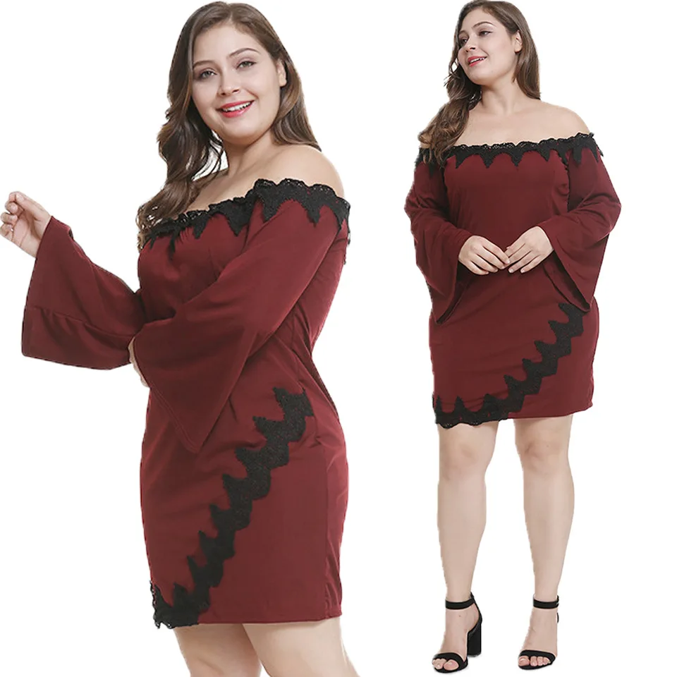XL-5XL женские элегантные flare Длинные рукава slash шеи платье леди весна-осень