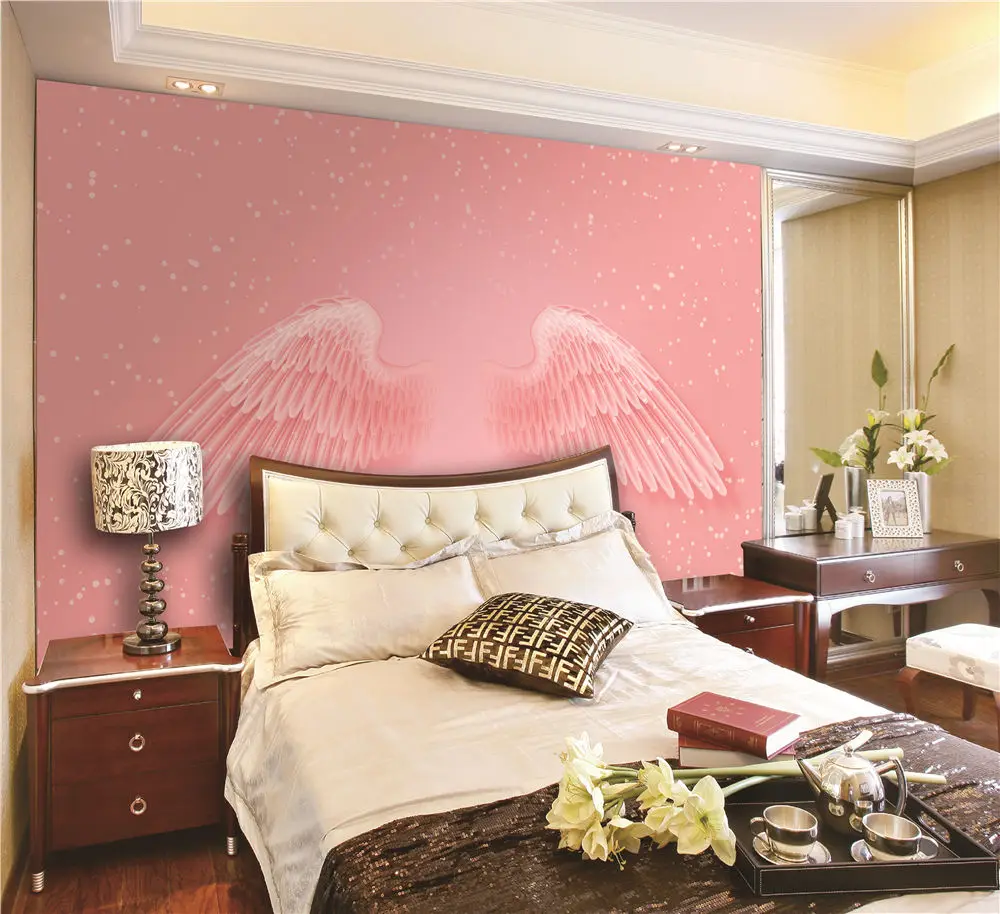 Custom wallpaper mural modern ins pink wings snowflake net red background wall - high-grade waterproof material Custom wallpaper mural modern ins pink wings snowflake net red background wall - high-grade waterproof material