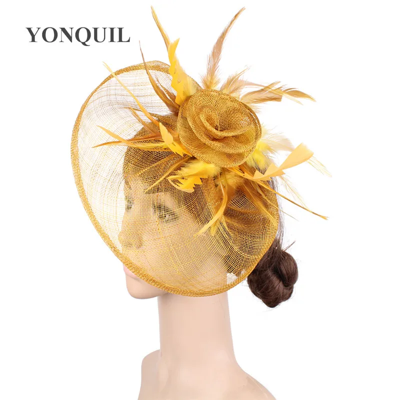 

Gold millinery cocktail sinamay fascinators feather flowers bridal hair accessories party hats wedding hat high quality SYF470