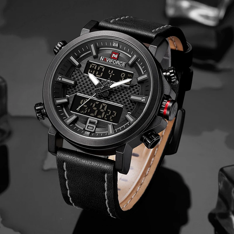  Top Luxury Brand NAVIFORCE Mens Sports Watches Men Quartz LED Digital Clock Men Fashion Leather Wat