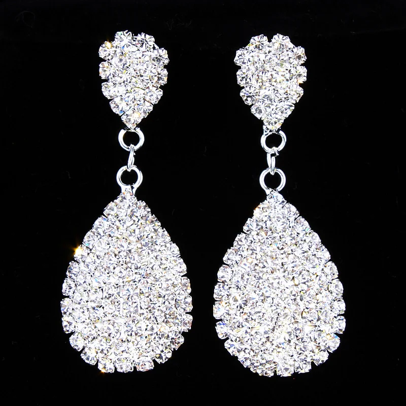

Classic Elegant Full Clear Rhinestone Dangle Earrings for Bride Silver Plated Long Drop Earring For Women Wedding Party Jewelry
