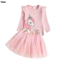 VIKITA/комплекты одежды для девочек; футболка с длинными рукавами и рисунком единорога+ юбка-пачка с блестками; комплект повседневной одежды из 2 предметов для детей ясельного возраста