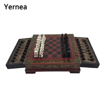 Yernea Retro Chess Set Board Games Resin Chess Terracotta Warriors Lifelike Pieces High-density Board Paste 26*26*6.5 cm Gift