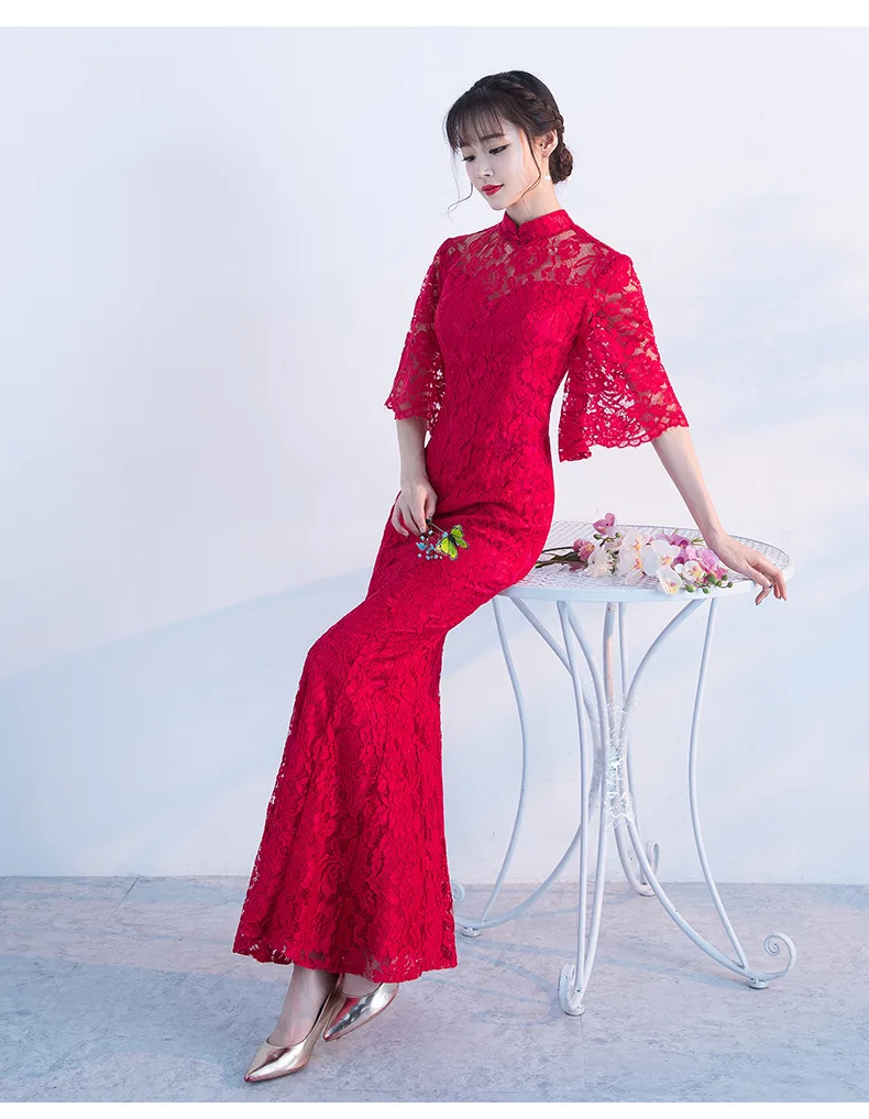 Современный китайский традиционный свадебный платье Cheongsam халат Восточный вечер платья длинная юбка-Русалка Для женщин Qipao женщина красный шнурок