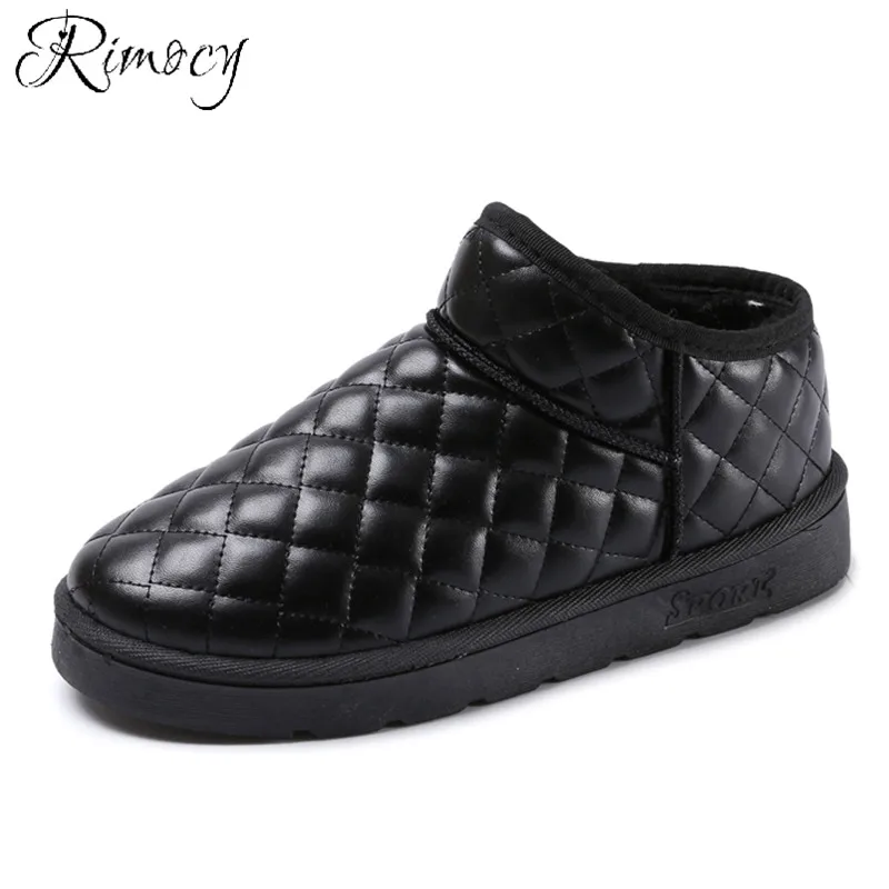 

Rimocy womens leather waterproof snow boots 2018 winter thick warm long plush platform ankle boots woman flat heels cotton shoes