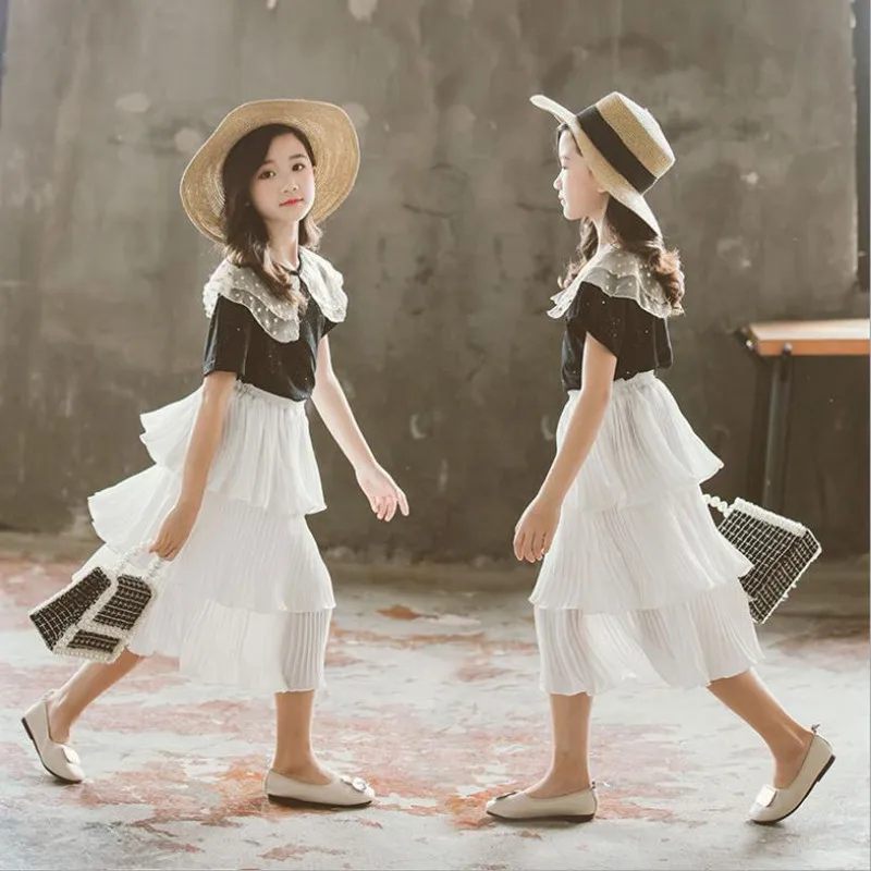 

DFXD Teenage Girls Clothes Set High Quality Fashion 2pcs Short Sleeve Peter Pan Collar Starry Sky Top+Cake Skirt Princess Set