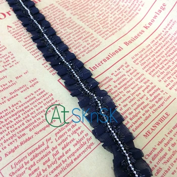 

10Meter Pleated Lace 1.8cm Wide Dark Blue Lace Ribbon Clothing Applique Fold Beading Sequins Trim Sewing