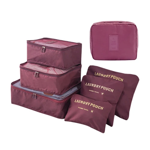 Mihawk Clothes Shoe Makeup Travel Bag Set Waterproof Wardrobe Cosmetic Underwear Tidy Suitcase Organizer Luggage Zip Accessories - Цвет: Wine Red 7 Pcs Set