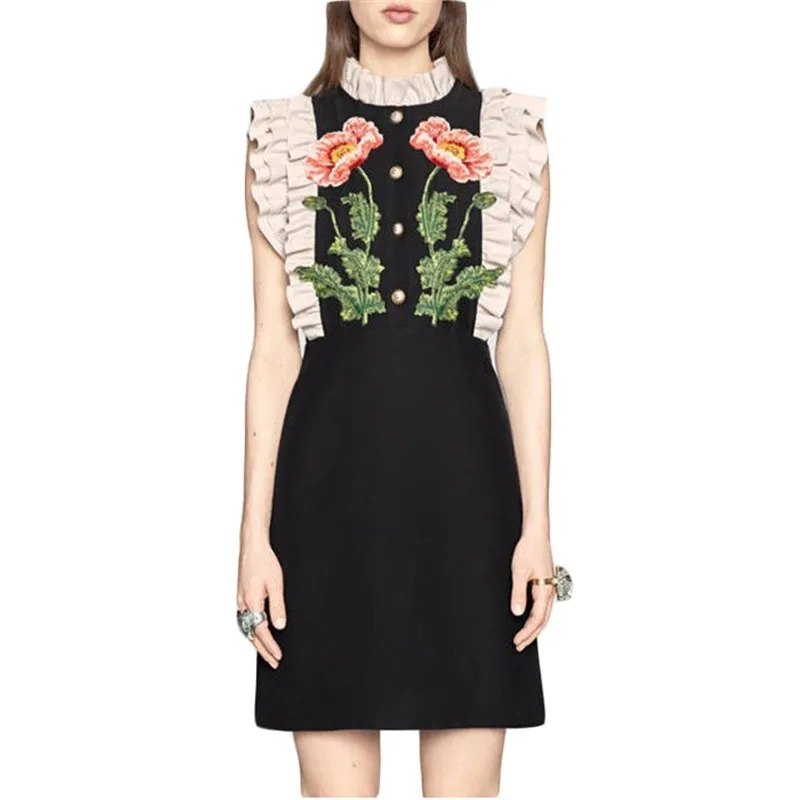 

2019 new runway Ladies' Elegant fashion Ruffled Lace Mini Dresses Flower Embroidery Dress Embroidered sleeveless slim Vestidos