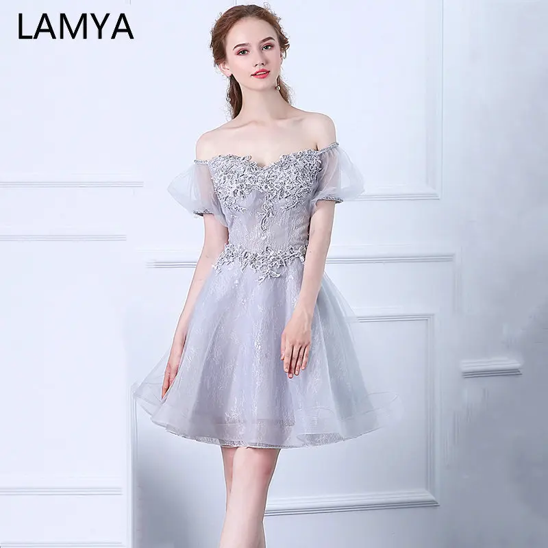 

LAMYA Elegant Tulle Grey Short Prom Dresses 2019 Appliques With Beading Evening Patry Dress Customized Puff Sleeve Formal Gown