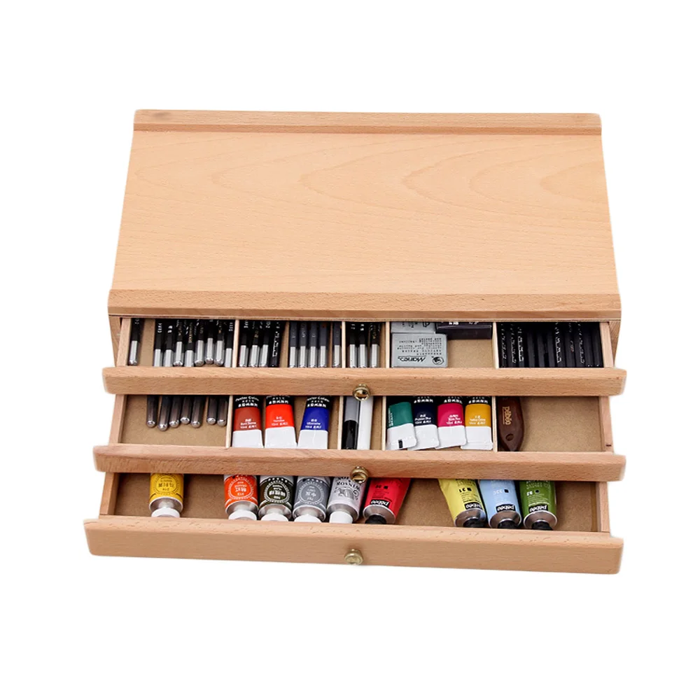 Wooden Artist Storage Box 1/2/3 Drawers Organize Tools Pastel Pen