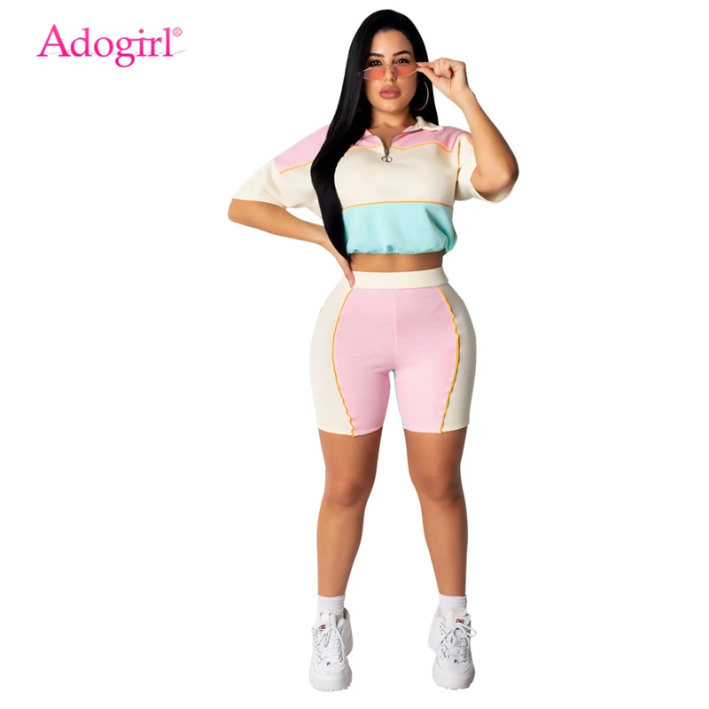 

Adogirl Contrast Color Patchwork Women Tracksuit Casual Two Piece Set Zipper Turn Down Collar Half Sleeve Crop Top + Shorts