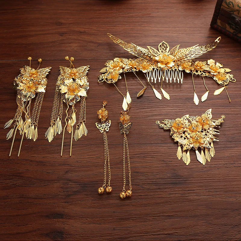Chinese style retro gold comb hairpins earrings wedding bride headdress suits classical chinese tiara sets | Украшения и