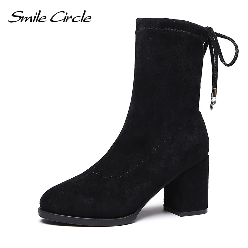 

Smile Circle Slip-on Elasticity Suede Short Boots women High heel Autumn Winter 2018 round toe ladies Shoes black
