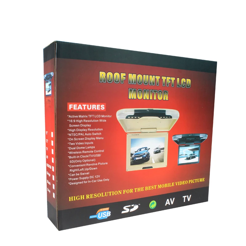 12 В 12 в 13 дюймов автомобильный монитор TFT светодиодный с высоким цифровым экраном Автомобильный держатель на крышу Mobitor 2-way видео вход три цвета откидной монитор