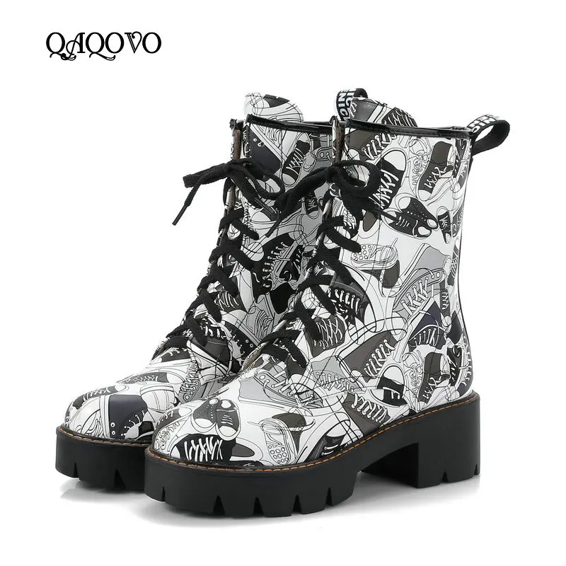 

Women Martin boots Fashion Graffiti Ankle Boots Spring Autumn Thick Heel Lacing Platform Boots Winter Party Shoes Black White