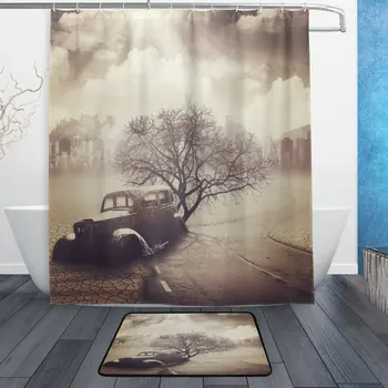 

Vintage Landscape Tree Car Waterproof Polyester Fabric Shower Curtain with Hooks Doormat Bath Floor Mat Bathroom Home Decor