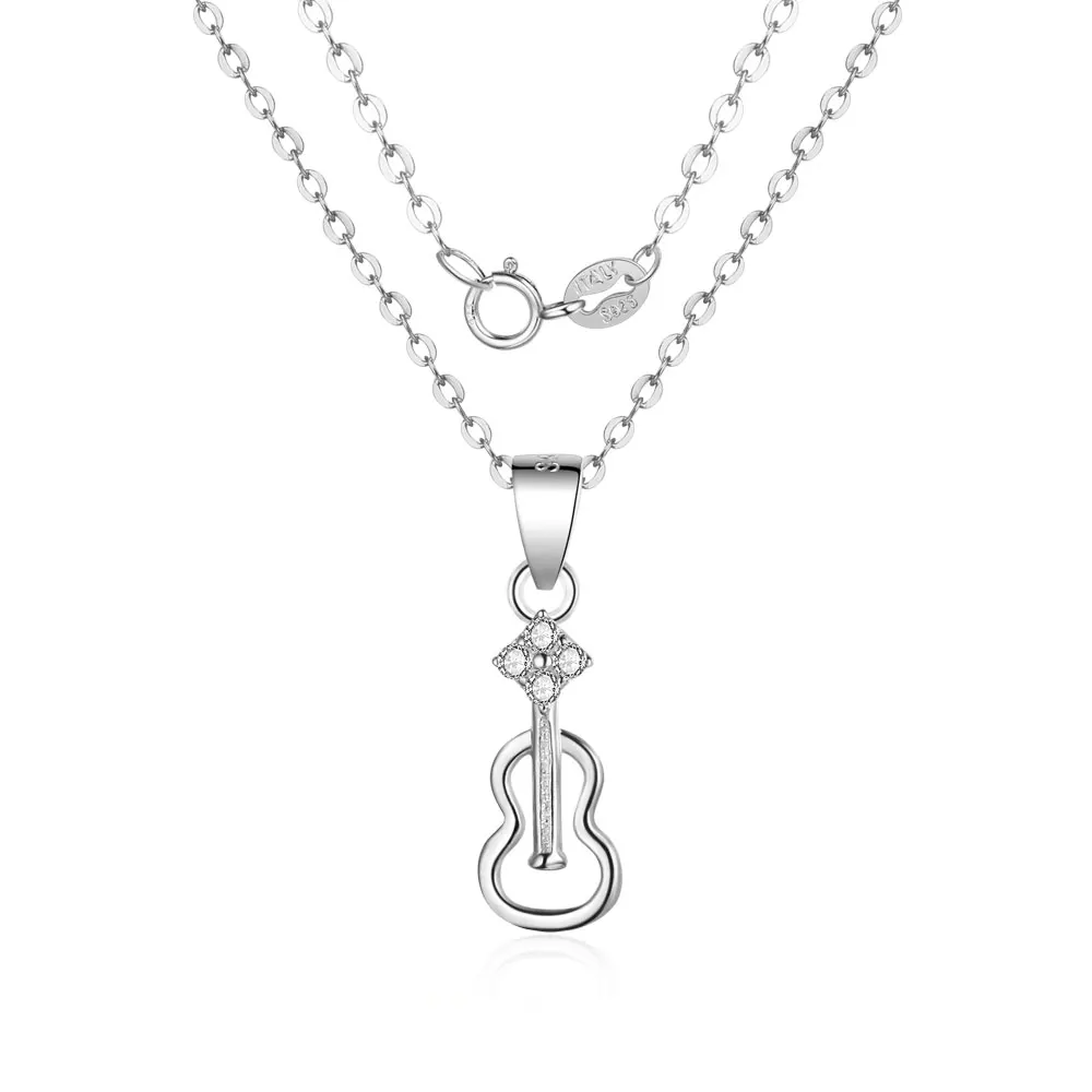 

High Quality 100% 925 Sterling Silver Hollow Out Guitar CZ Pendant Necklace Choker For Women Jewelry Gifts 40cm