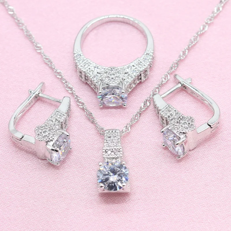Белый кубический цирконий 925 пробы серебряные ювелирные изделия набор для женщин обруч кольцо для серьг и ожерелья Свадебные украшения подарочная коробка