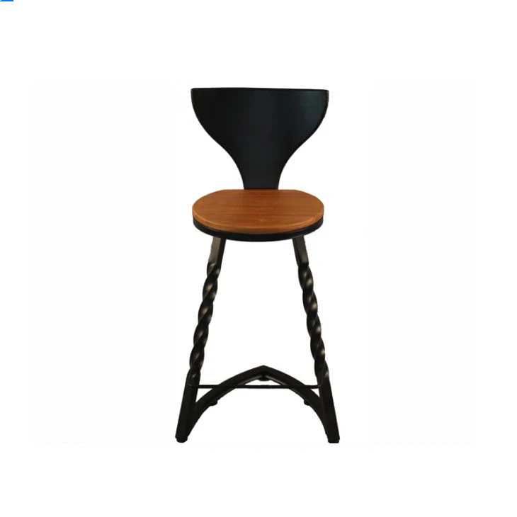 Industrial chair powder coating finish metal twist leg frame rounded wood w/backrest bar stool Industrial chair powder coating finish metal twist leg frame rounded wood w/backrest bar stool