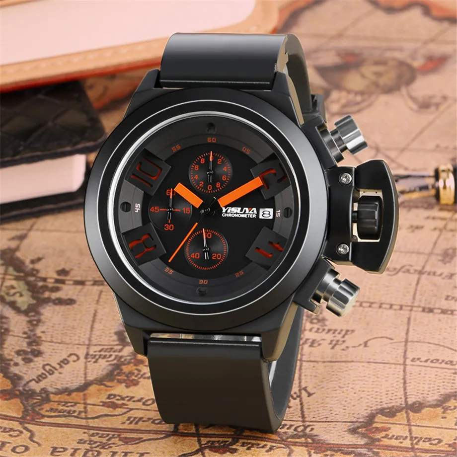 YISUYA Men Wristwatches Pilot Style Japan Quartz Watch Date Day Six Hands Silicone Band  Chronograph Aviator Boy birthday Gift (2)