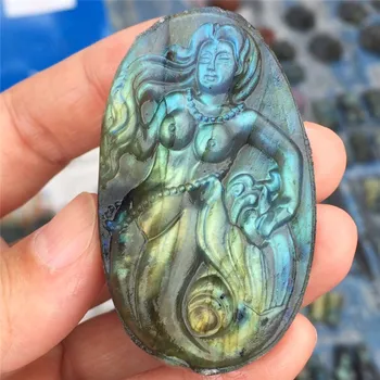 

Flashing Pretty Natural Labradorite Crystal Mermaid Hand Made Carved Crystal Fashion Carved Animal Figurine Gifts
