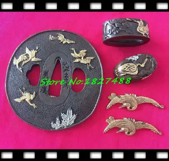 

A SET JAPANESE FULL TANG SWORD CRANE TSUBA FUCHI KASHIRA MENUKI NICE COPPER KATANA DIY FITTINGS