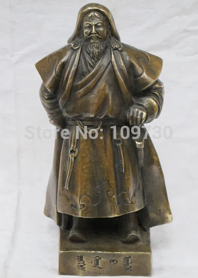 

001195 11"China chinese Art Bronze sculpture Mongol khan genghis khan stand up statue