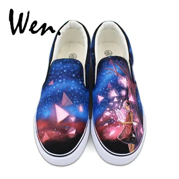 

Wen Woman Low Flat Canvas Sneakers Blue Sky Stars Diamond Hand Painted Shoes Original Design Girls Shallow Mouth Lazy Loafers