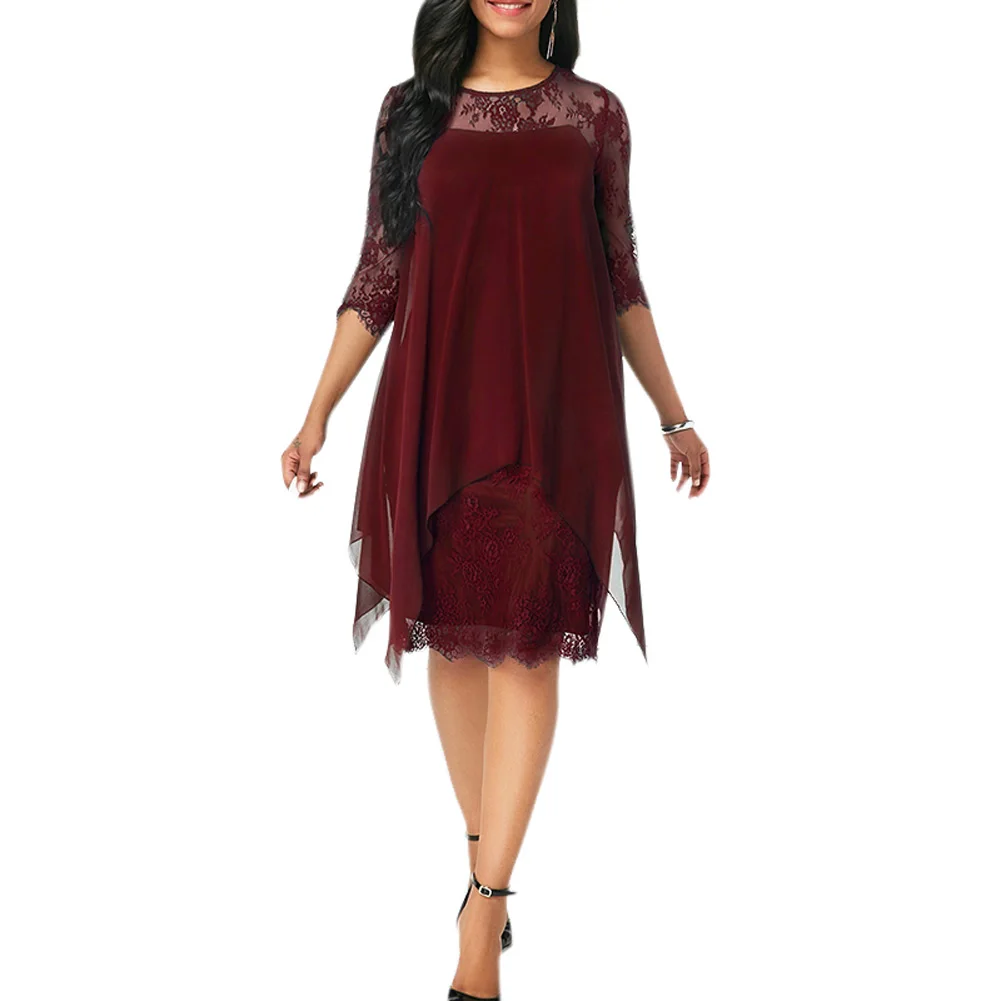 

Summer Dress Women New 2019 Chiffon Round Neck Lace Party 3/4 Sleeves Patchwork Knee-length Dresses Feminina Vestidos DOD886
