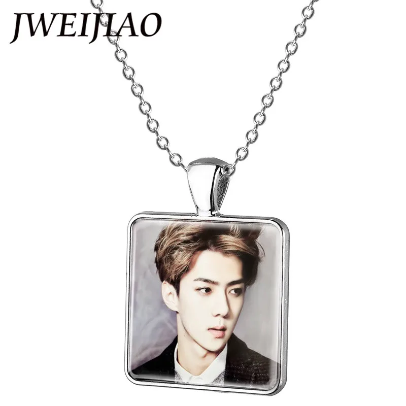 

JWEIJIAO Trendy K-pop Singer EXO Necklace SE HUN Art Photo Square Glass Cabochon Pendant Necklace For SEHUN Fans Gift SE08