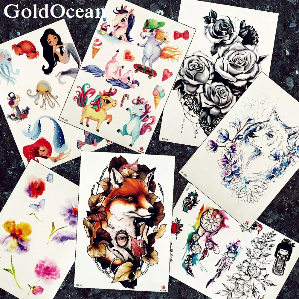 

Детские татуировки с милым единорогом, временные женские татуировки на руку, сексуальные лисы, цветок, наклейки, красочные водонепроницаемые татуировки на талию для девочек, Мультяшные