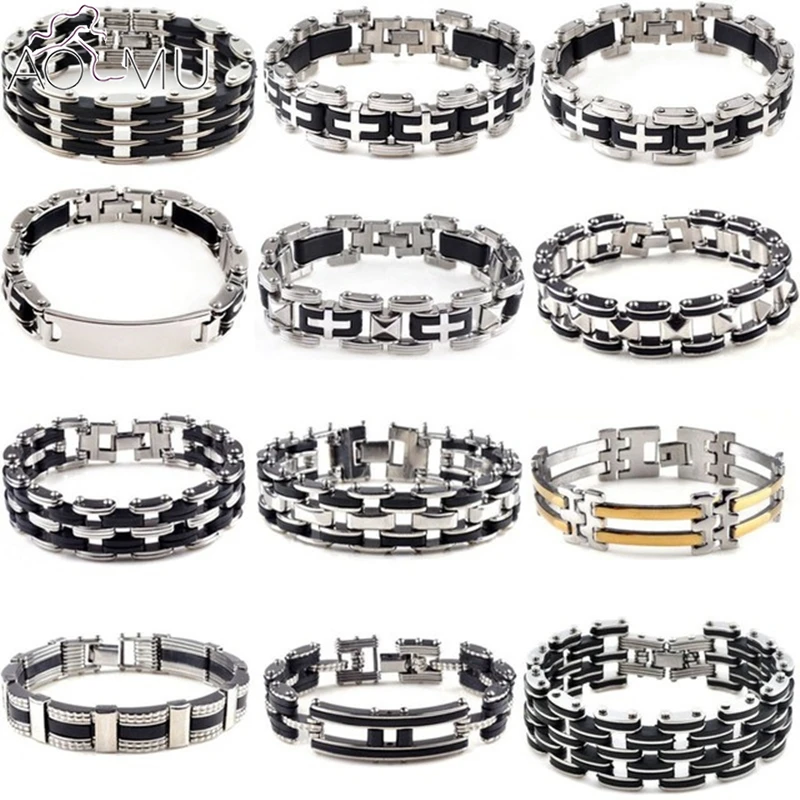

Fashion Men Women Punk Silver Link Black Stainless Steel Bracelet Rubber Cuff Chain Wristband