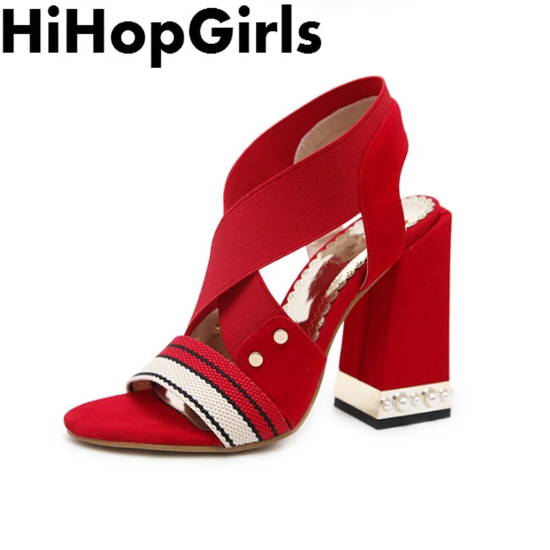 

HiHopGirls Summer Roman Stretch Leather Thick Shallow Mouth Woman Sandals Sexy High Heels Fashion Pearl Frosted Open Toe Shoes