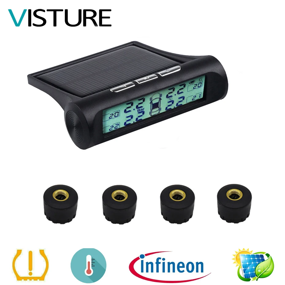 

Visture Solar TPMS Car Tire Pressure Alarm Monitor System Smart Tyre Pressure Monitor Auto Alarm Temperature Warning D03W/D03N
