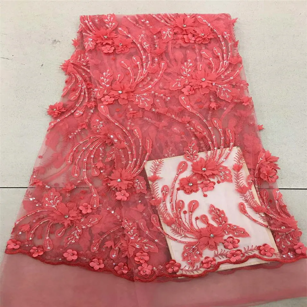

Nigerian lace fabric 2018 high quality lace Red French Stones Net Lace Fabric/High Quality African Beaded Tulle H533-2