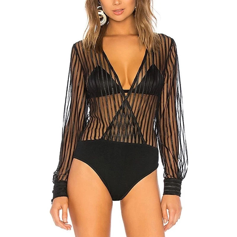 

Women Summer Sexy Rompers Black Long Sleeve Patchwork Bodycon Femme V Neck Striped One Piece Bodysuits SJ3314U