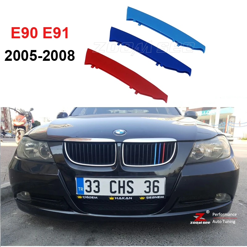 ملصقات 3d m الجبهة مصبغة تريم شرائط الشواية الغلاف موتورسبورت ل 2005-2008 bmw 3 سلسلة e90 e91 320 325 330 335