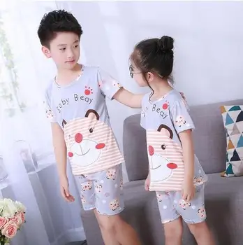 

Children Kids Teenagers Pajamas Sleepwear Clothes Suit Girls Boys Clothing Sets Summer Short Sleeve Solid Cotton Cartoon Knitted