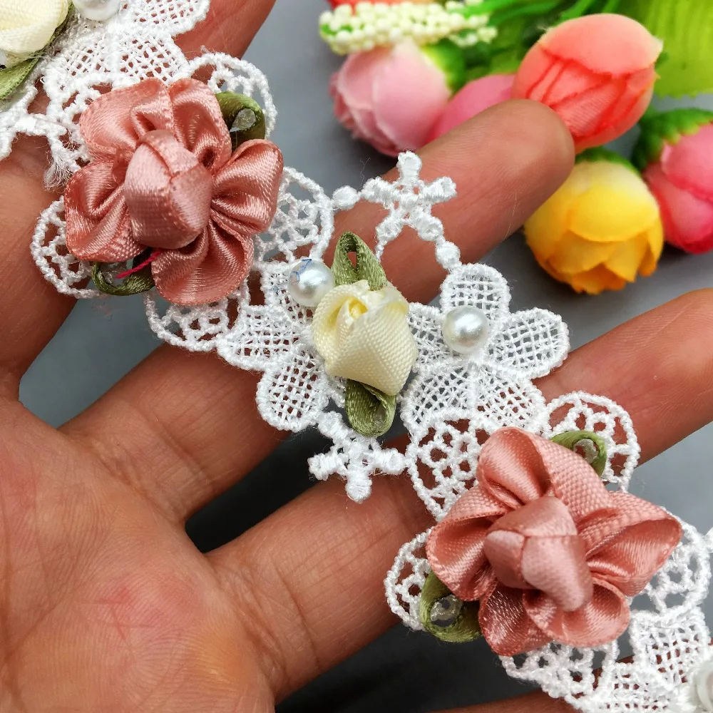 Elegant Rose Pearl Beaded Lace Trim Ribbon