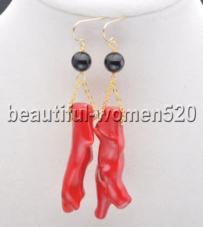 

Z7760 45mm Red Coral branch Round Onyx Bead Dangle Earrings