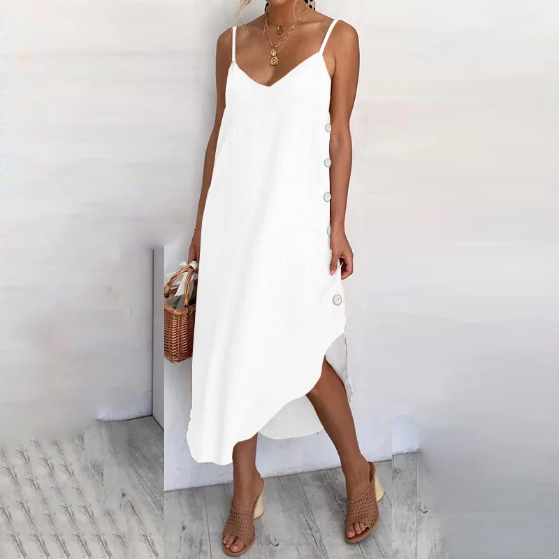 Летнее платье, женское богемное платье средней длины с леопардовым принтом, сексуальное повседневное пляжное платье на пуговицах, Vestidos размера плюс 7 - Цвет: White