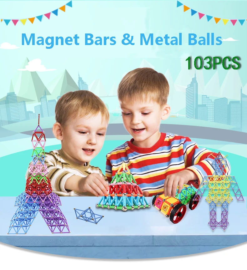 

103pcs Magnet Bars & Metal Balls Kids Magnetic Building Blocks Construction Toy Accessories DIY Designer Educational Funny Toys