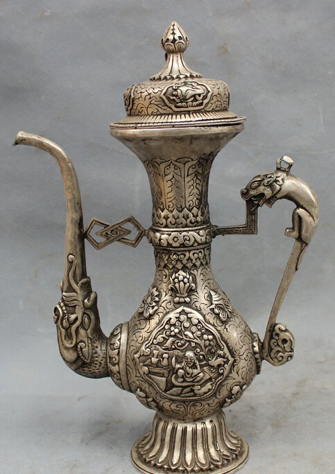

song voge gem S4536 12" Tibet Silver Old Man Auspicious Dragon Head Statue Flower Wine Pot Teapot