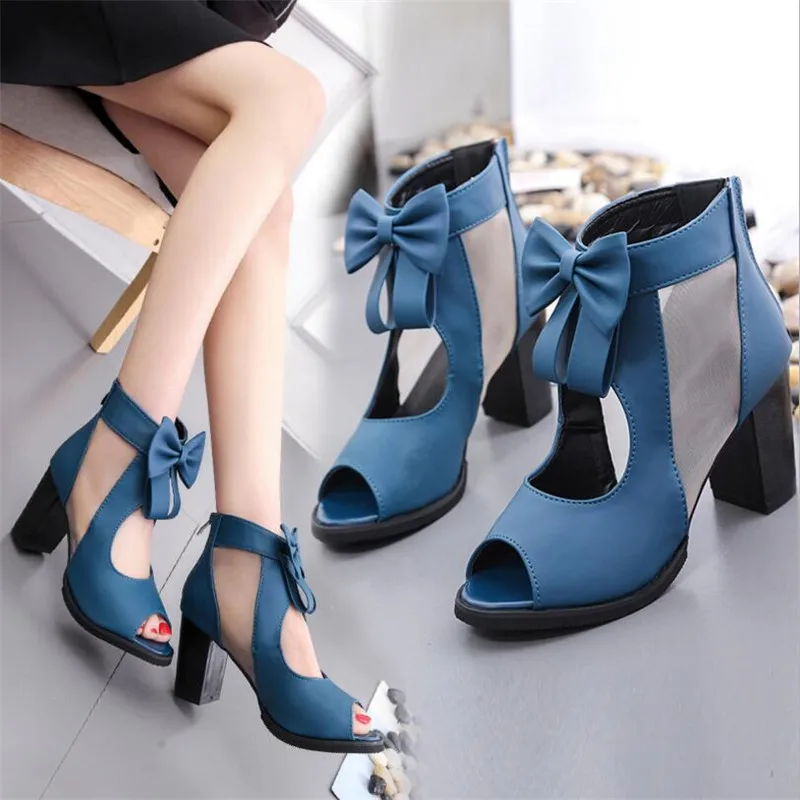 

ELGEER Spring and summer new mesh women's shoes wild fish mouth thick with sandals female bow high heels