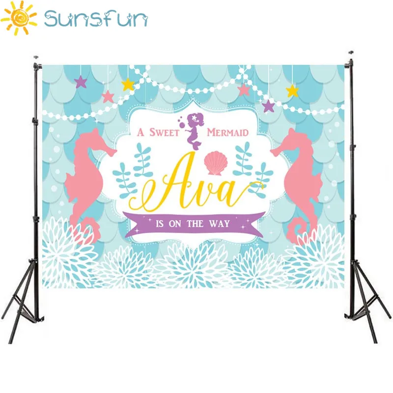 

Sunsfun 7x5ft Blue Ocean Mermaid Child Birthday Baby Shower Photographic Background for Study Photo Background 220x150cm