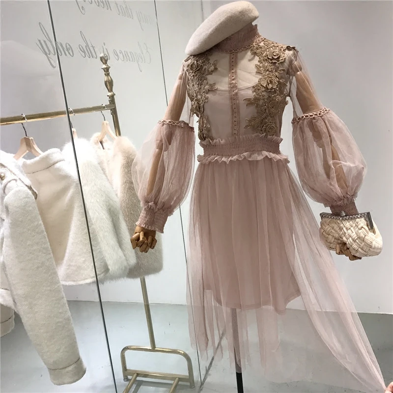 Женское кружевное платье ALPHALMODA с рукавами фонариками и высокой талией тонкое