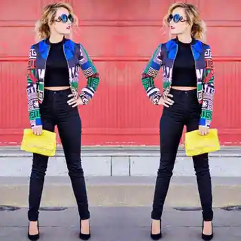 

Fashion Women Printed Casual Zipper O Neck Long Sleeve Coat Jacket Suit Trench Parka Short Outwear