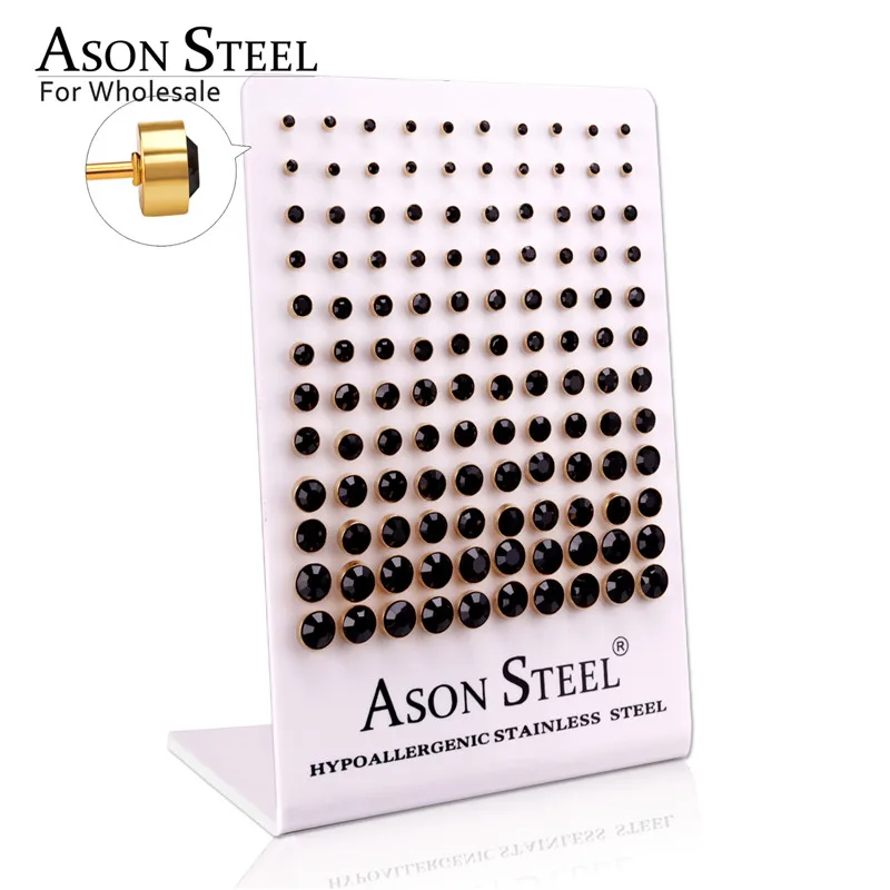 Асон сталь 60 пар/лот круглой формы золото/серебро белый/черный кристалл серьги из нержавеющей стали оптом анти-аллергические ювелирные изделия для женщин