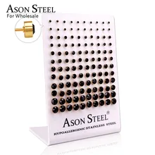 Асон сталь 60 пар/лот круглой формы золото/серебро белый/черный кристалл серьги из нержавеющей стали оптом анти-аллергические ювелирные изделия для женщин